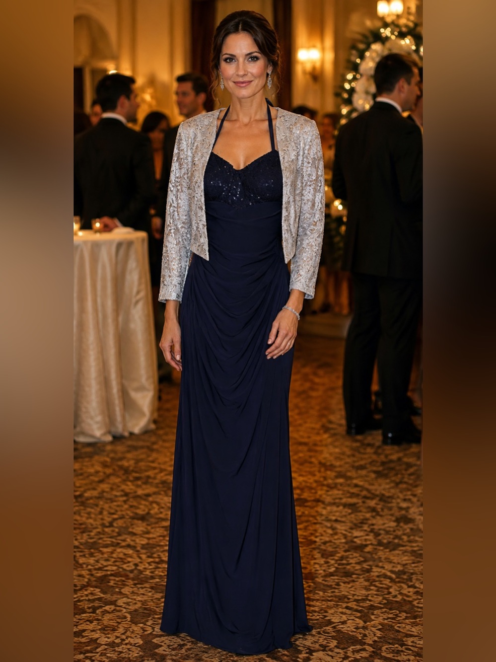 👗 Betsy & Adam Sz 14 ptp21-22 Navy Halter Evening Gown with Silver Bolero